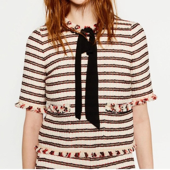 Zara tweed multicolored top Half sleeves Womens XS Boxy Bow Fringe Modern - Picture 1 of 8